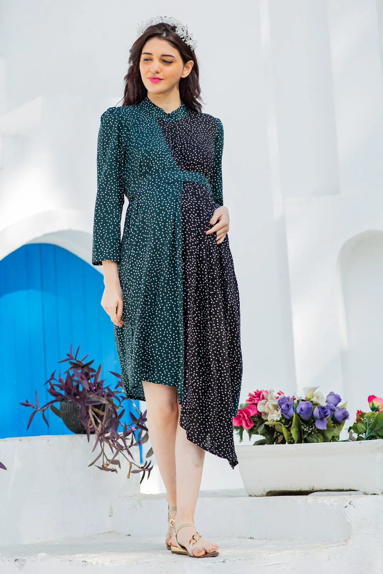 Asymmetrical Jade Green High Neck Maternity & Nursing Dress