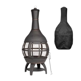 Dellonda Deluxe 360° Antique Bronze Chiminea/Fire Pit with Fire Poker & Cover