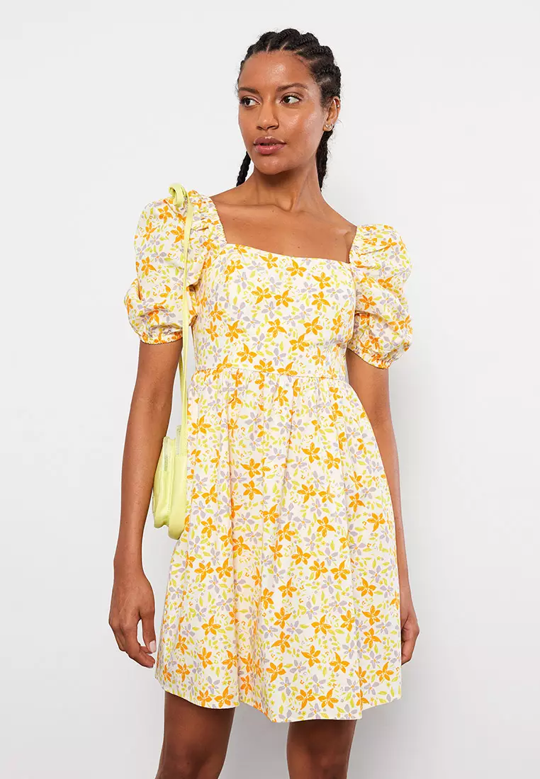 LC WAIKIKI Square Neck Floral Balloon Sleeve Poplin Women's Dress