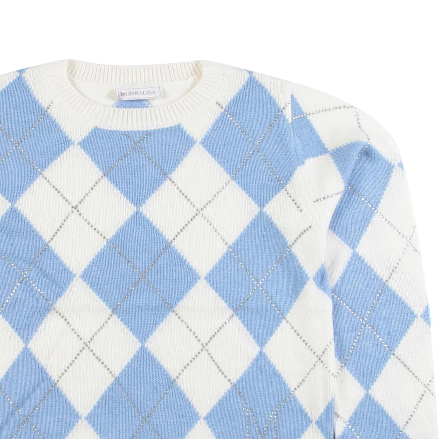 Monnalisa Cream And Light Blue Pullover With Rhombus